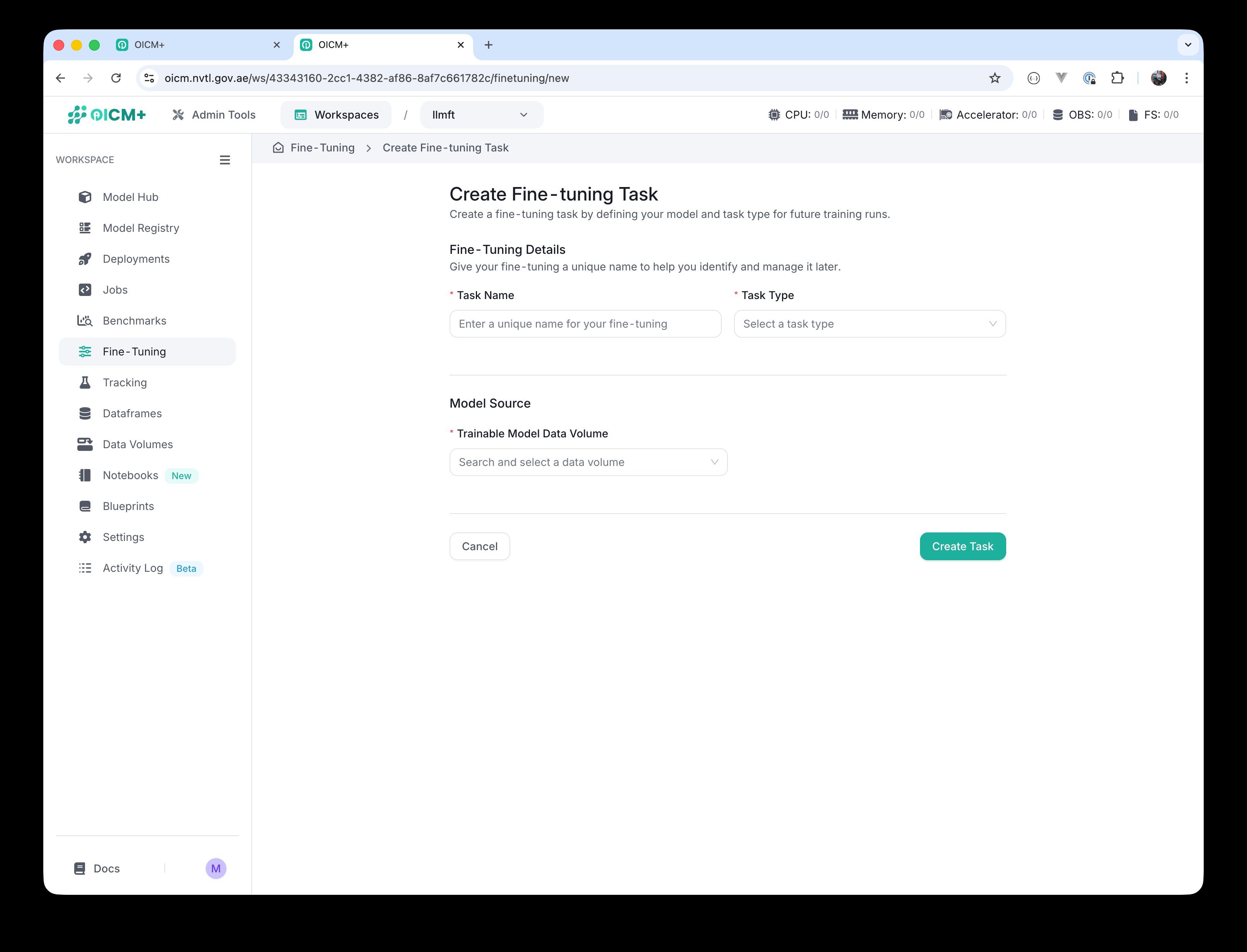 Create Fine-tuning Task form with empty Task Name and Task Type fields.