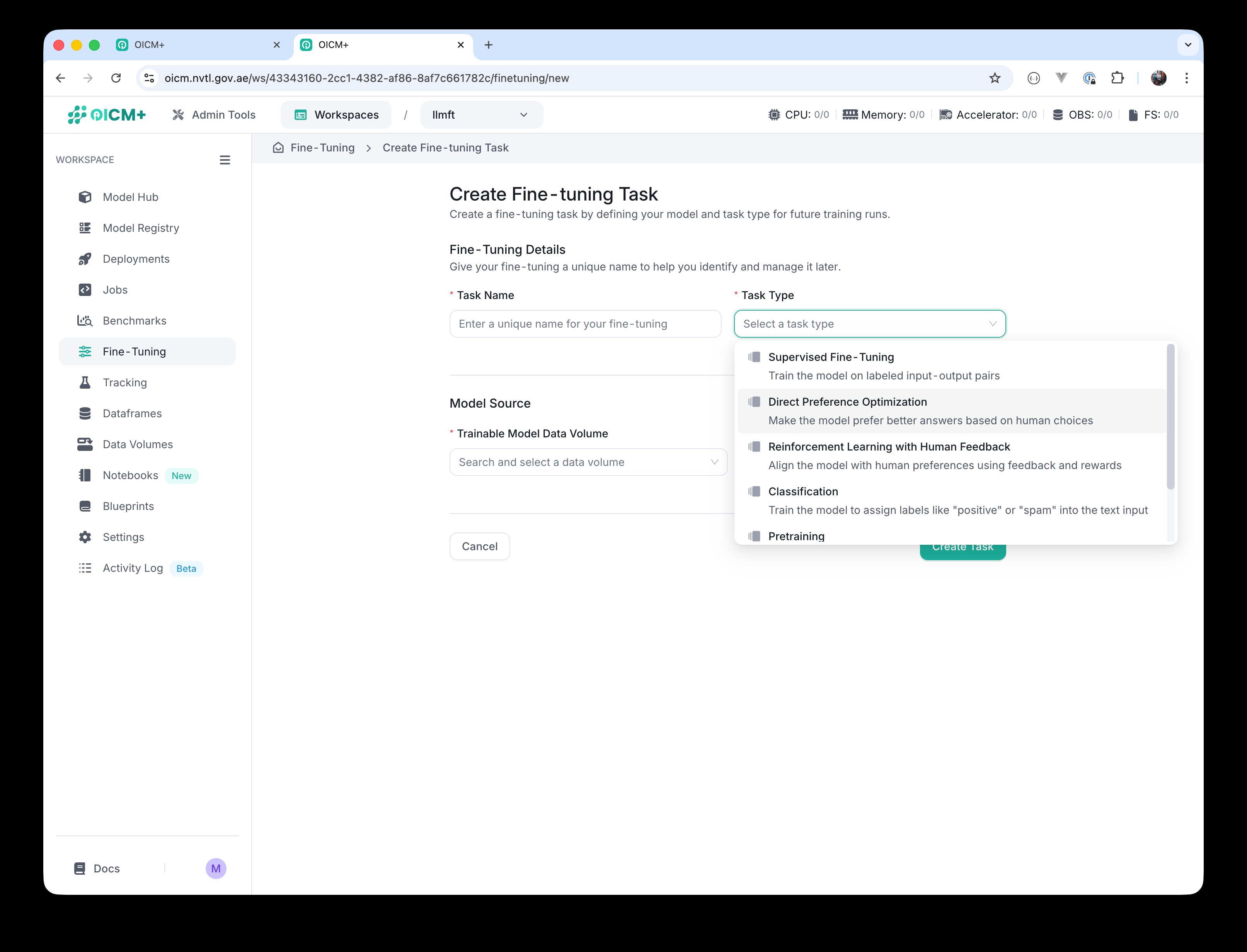 Task Type dropdown expanded, showing the six available options.