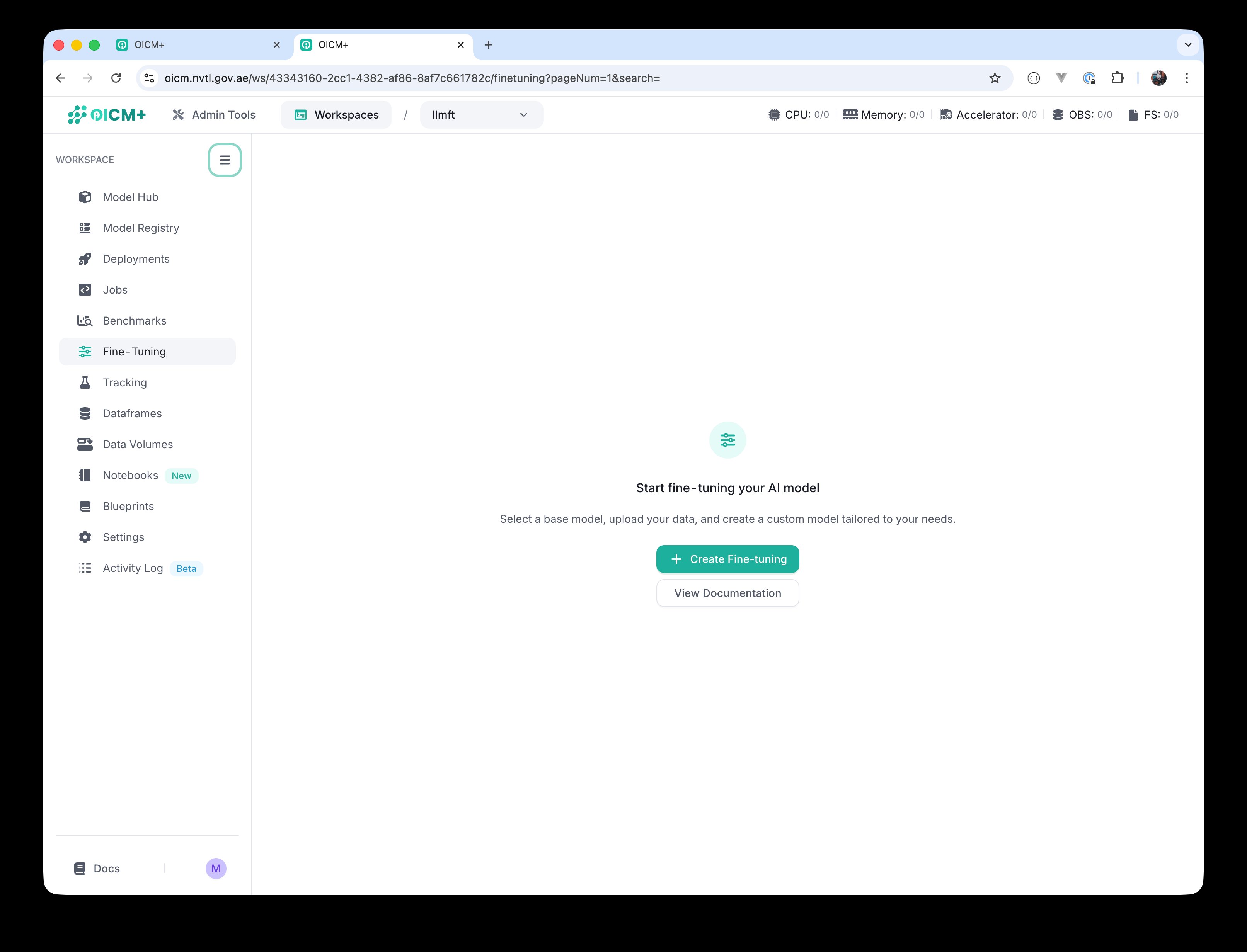 Fine-Tuning module empty state with the Create Fine-tuning button.