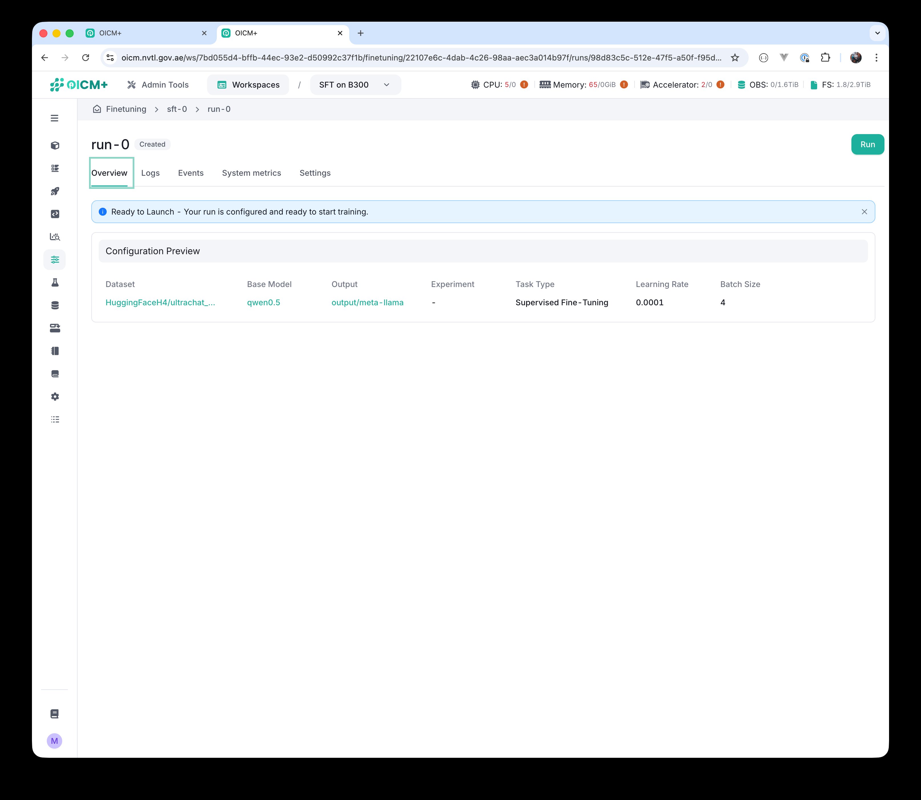 Run page in the Created state, showing the Configuration Preview card and the green Run button in the top right.