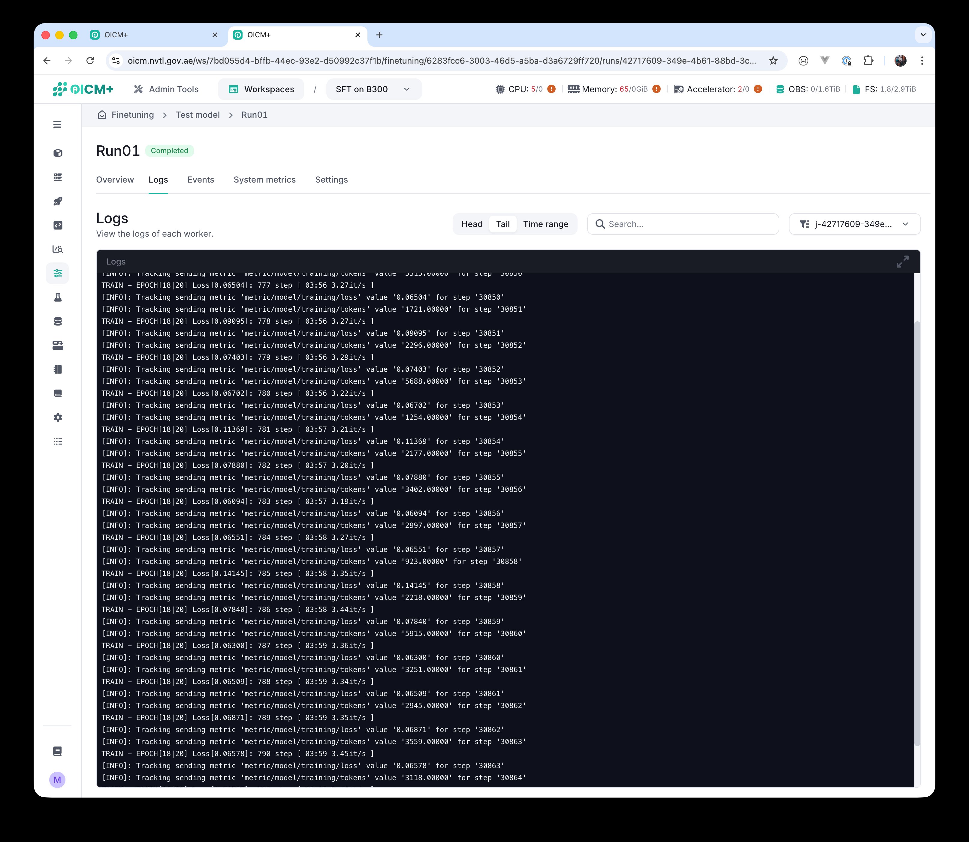 Logs tab streaming live training output, with per-worker filtering.