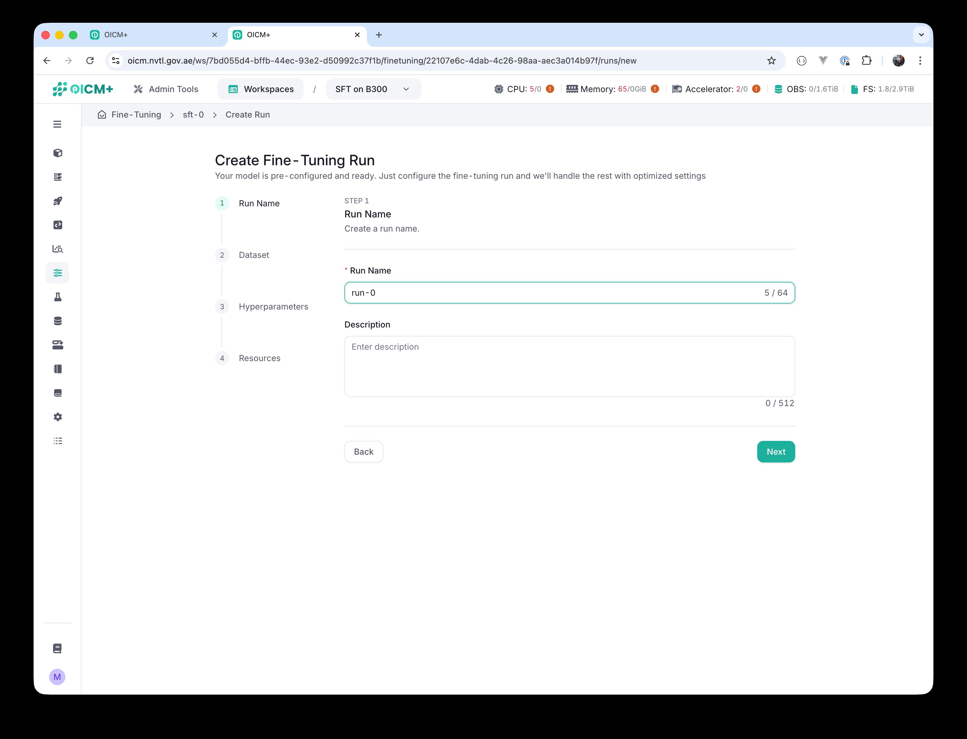 Step 1 of the wizard with Run Name and optional Description fields.
