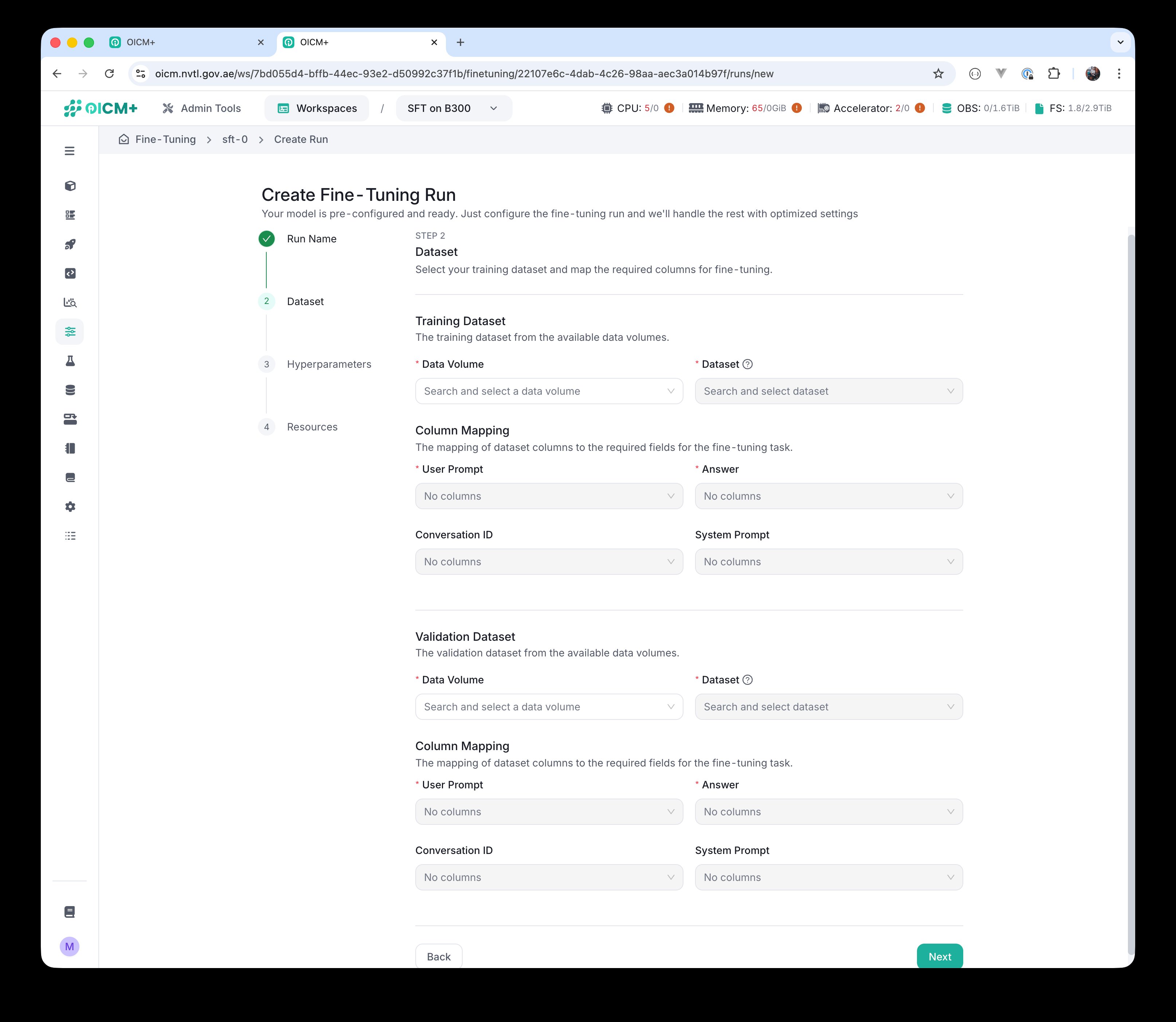 Step 2 of the wizard with empty Training Dataset, Validation Dataset, and Column Mapping sections.