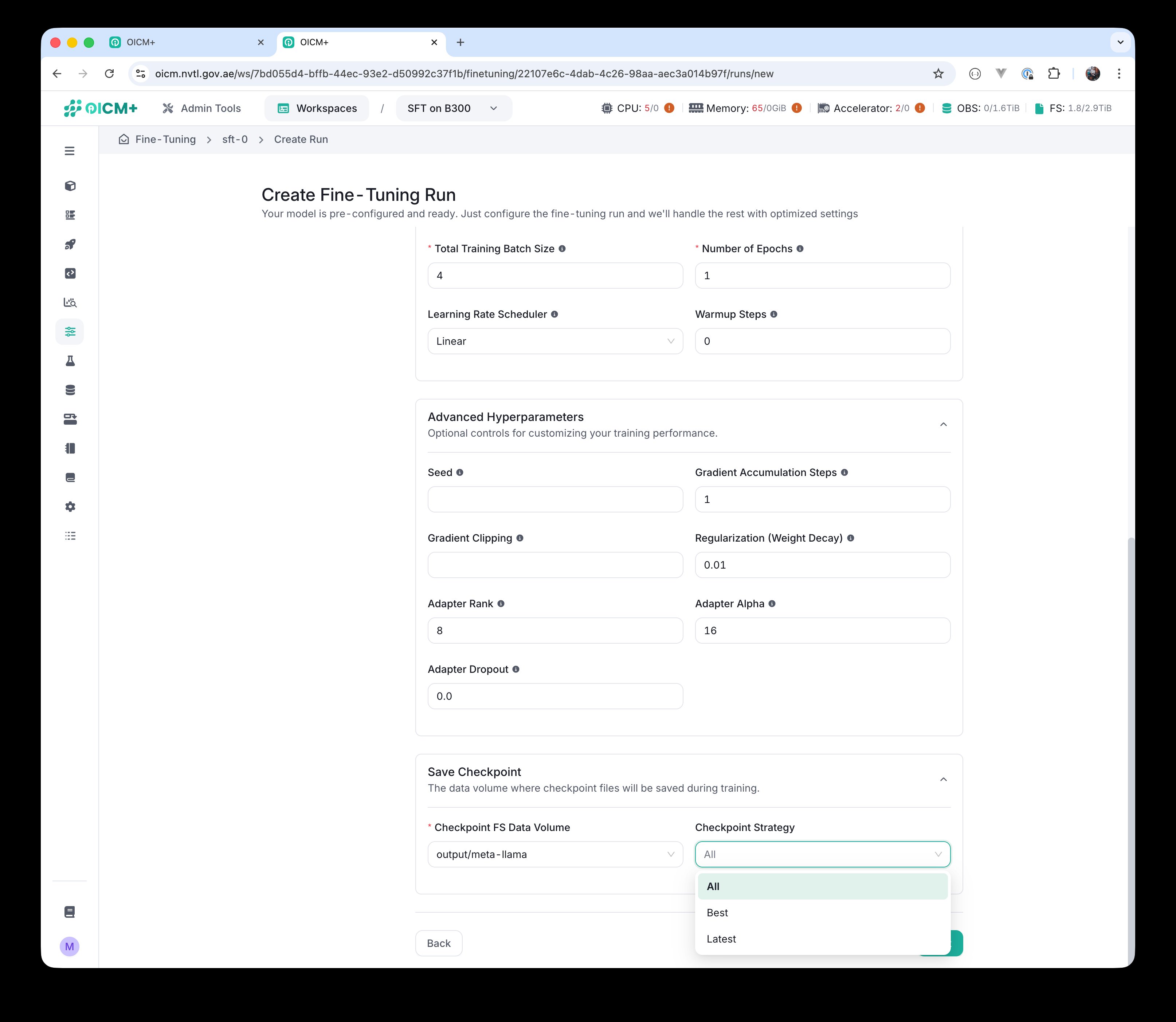 Save Checkpoint section showing the Checkpoint Strategy dropdown with All, Best, and Latest options.