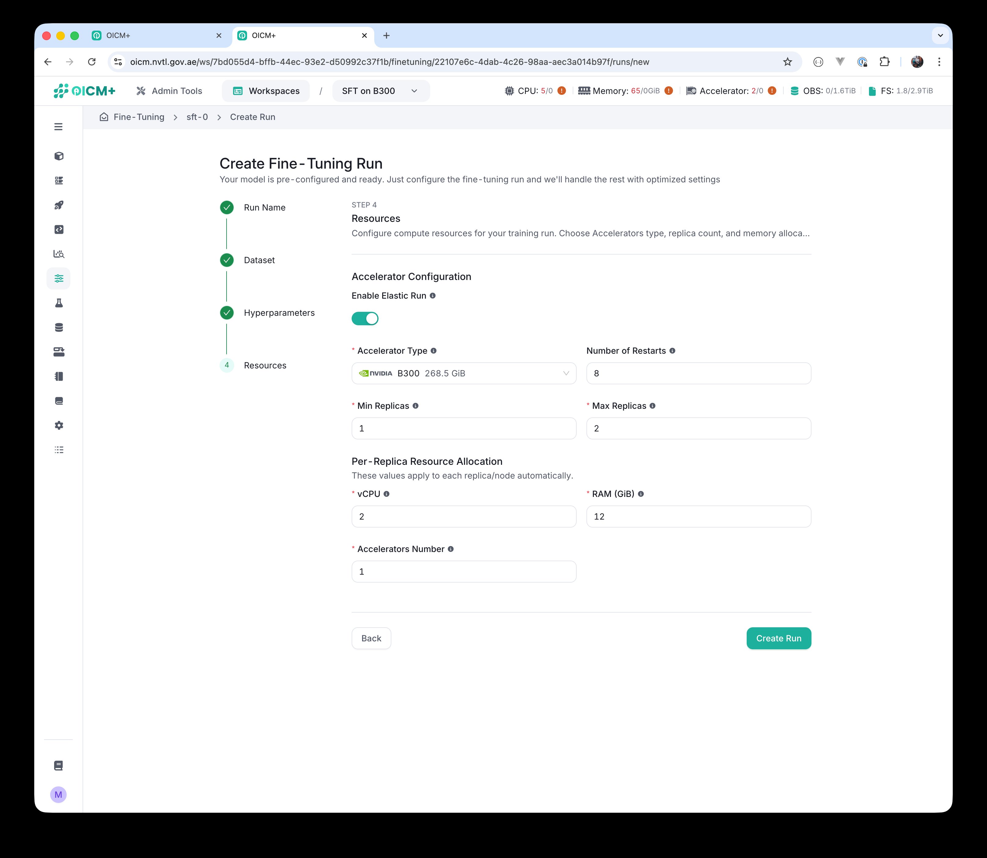 Elastic Run enabled with an accelerator selected.