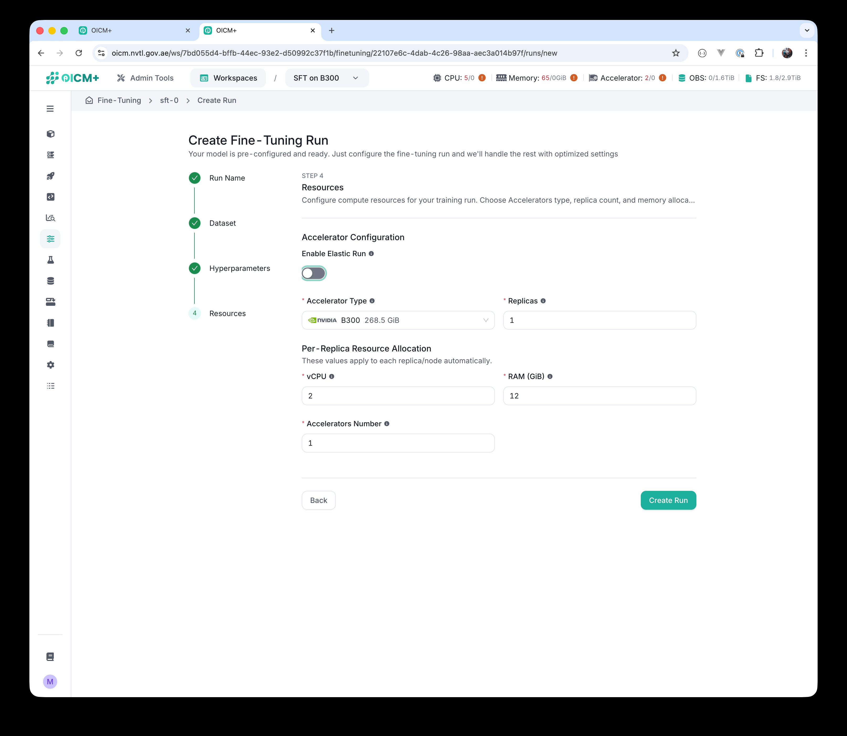 Step 4 with Elastic Run enabled, showing Min Replicas, Max Replicas, and Number of Restarts fields.