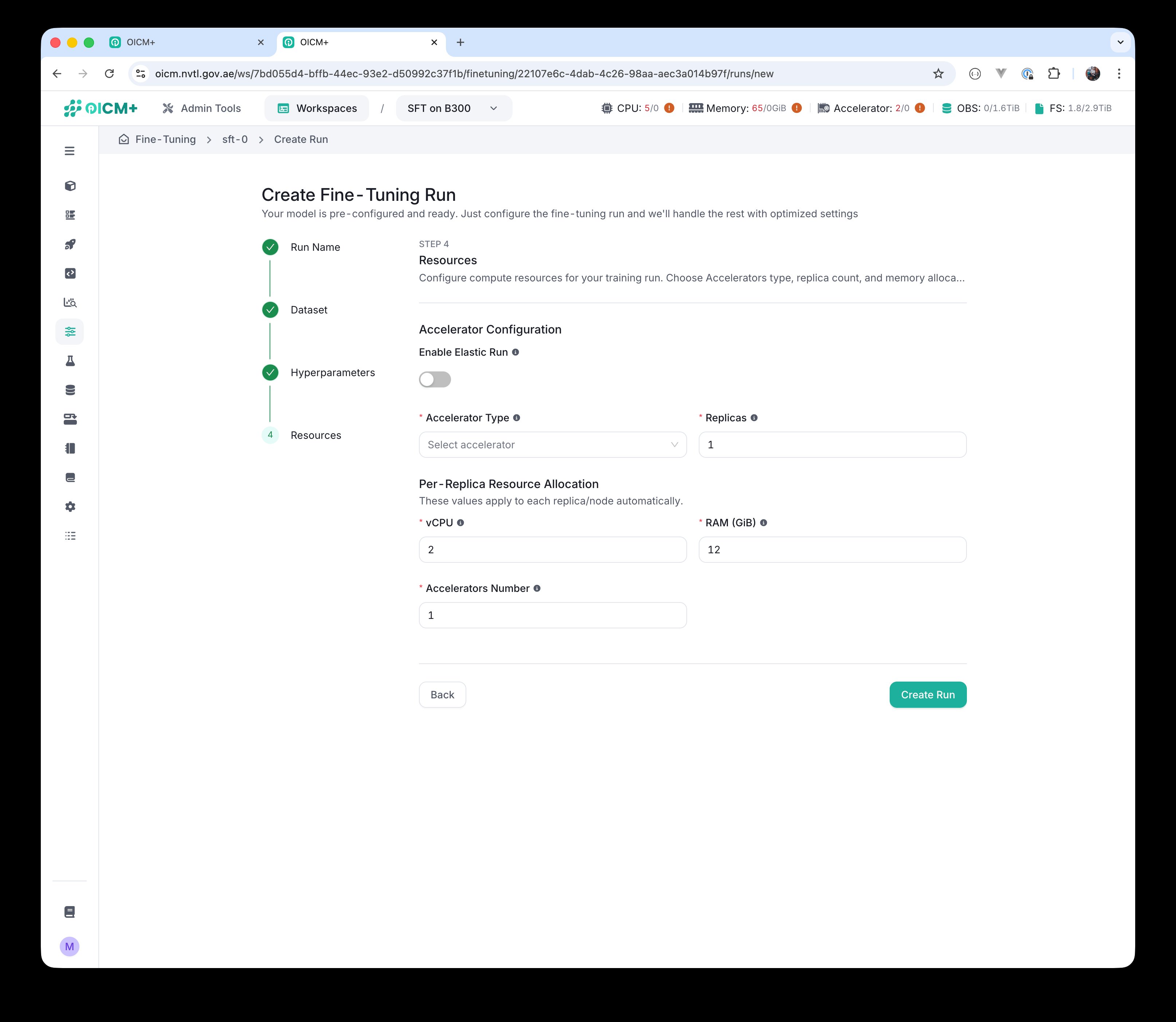 Step 4 with Elastic Run disabled and a single Replicas value.