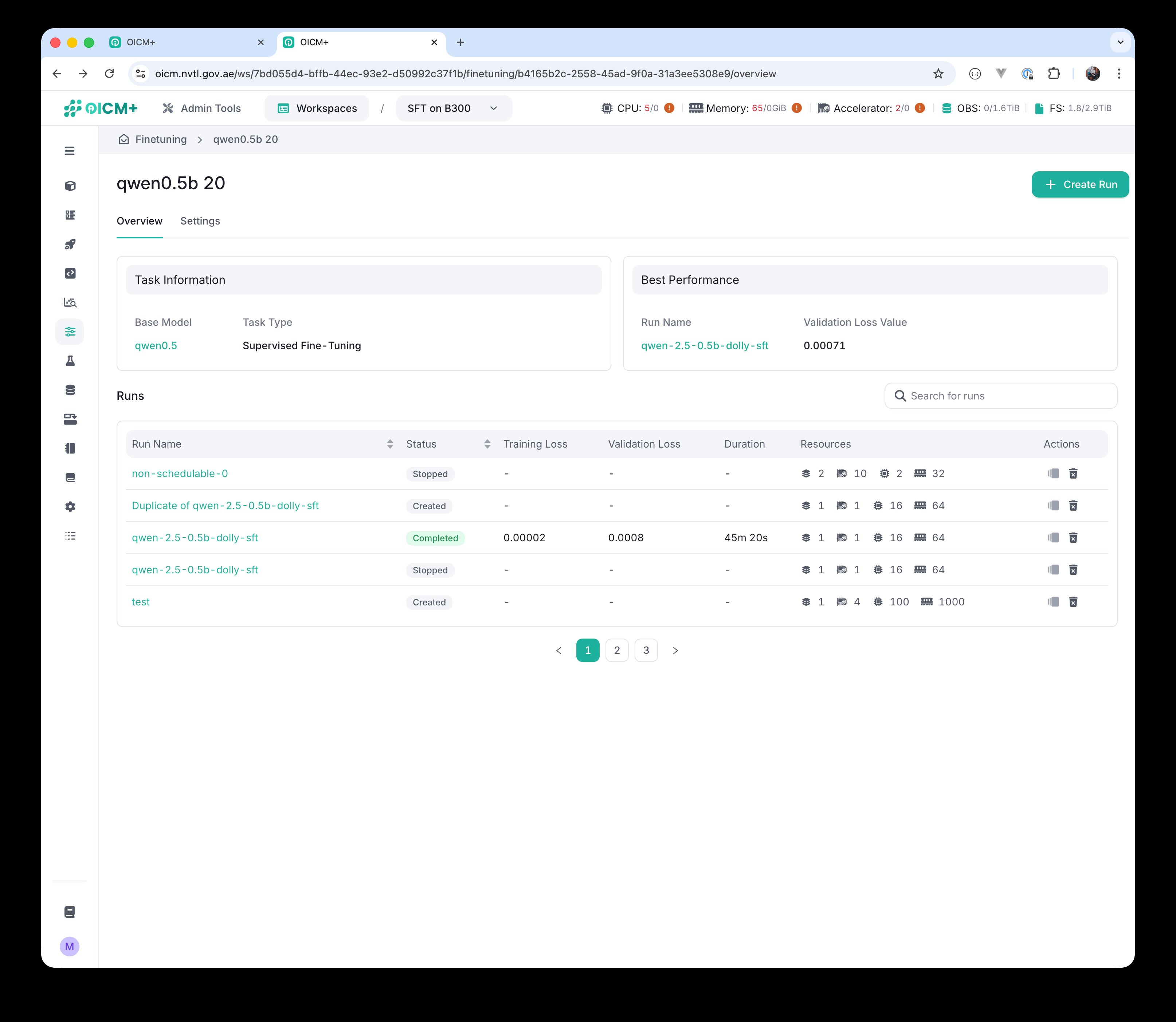 Task overview showing multiple completed runs and the Best Performance widget highlighting the run with the lowest validation loss.