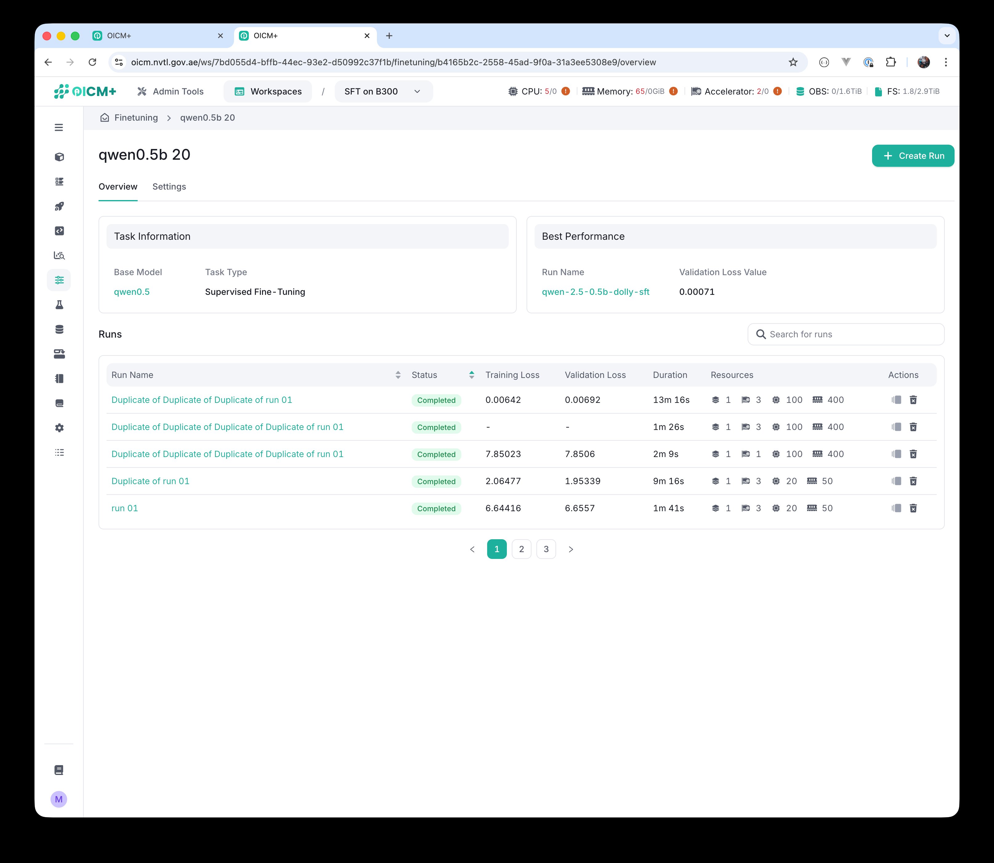 Task screen listing all runs with status, training loss, validation loss, duration, and resources columns.