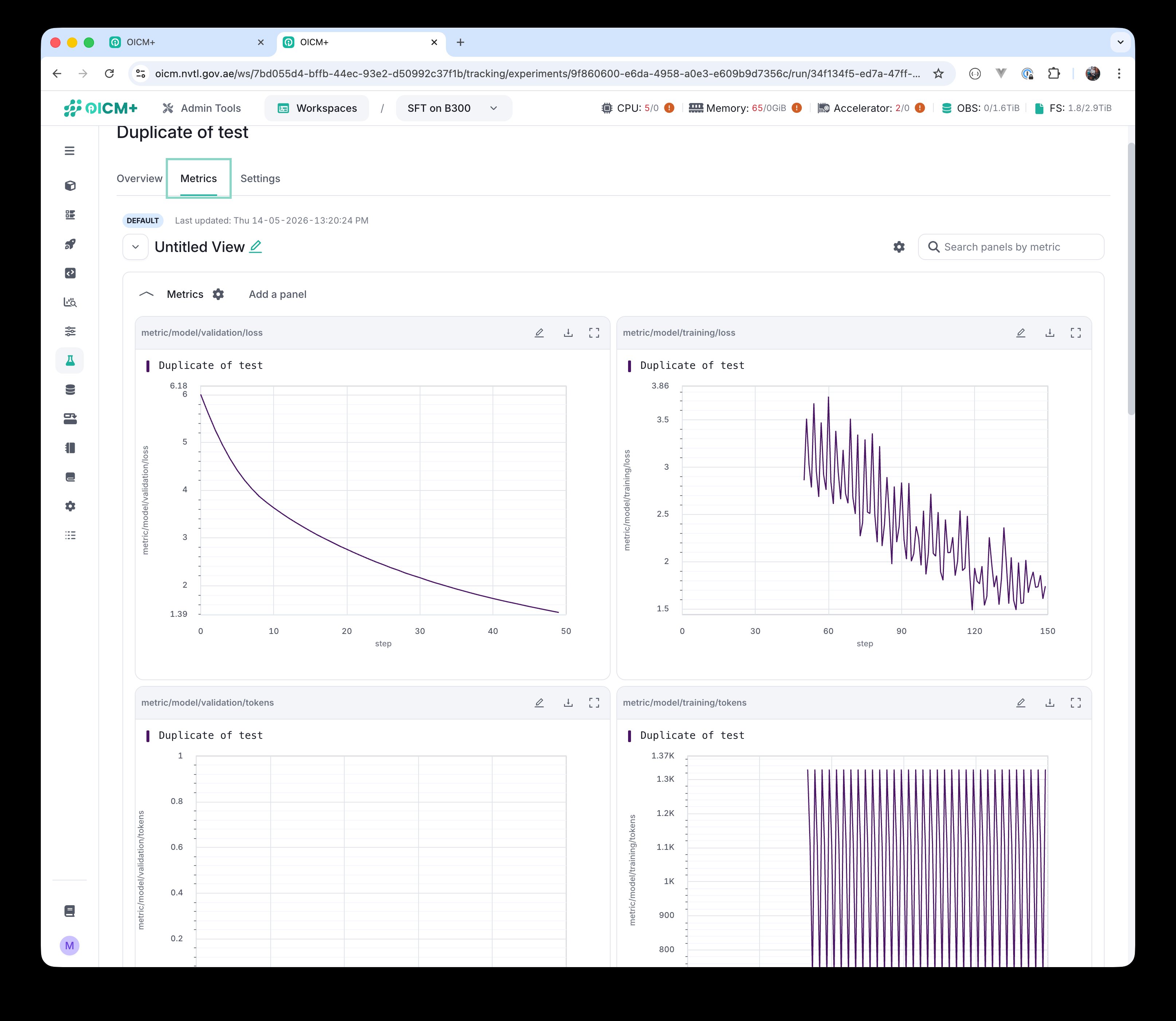 Tracking Metrics tab with validation and training loss curves and token counts.