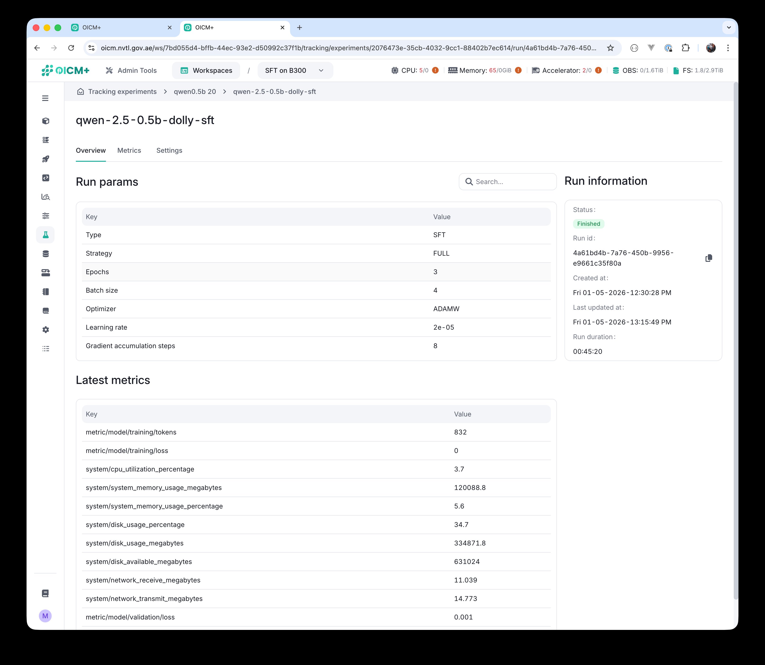 Tracking Overview tab with Run params on the left, Run information on the right, and Latest metrics below.