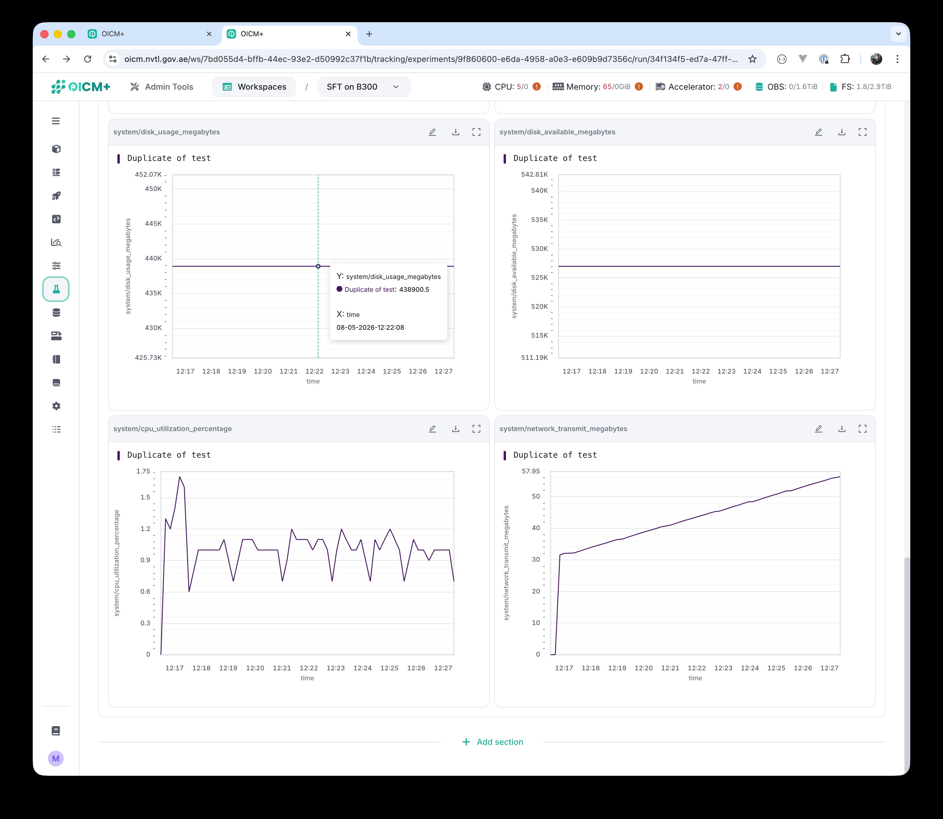 Additional Tracking system panels: disk usage and available disk in megabytes, CPU utilization, and network transmit.