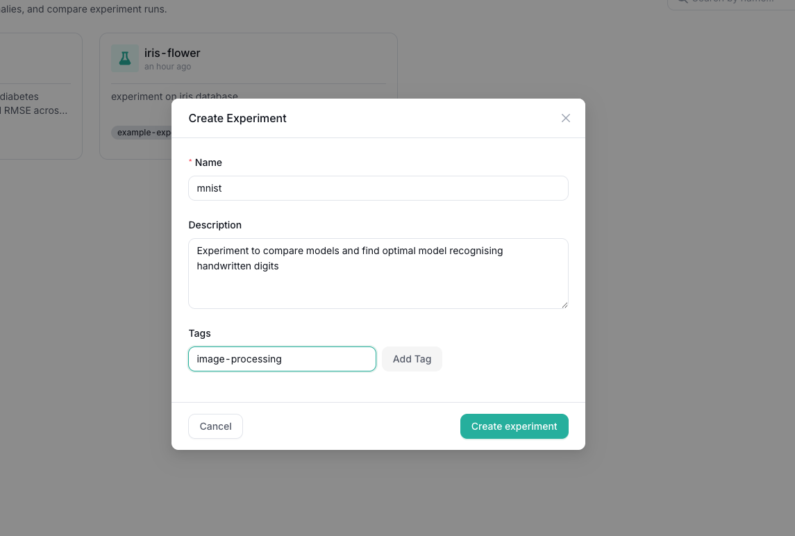 Create experiment dialog