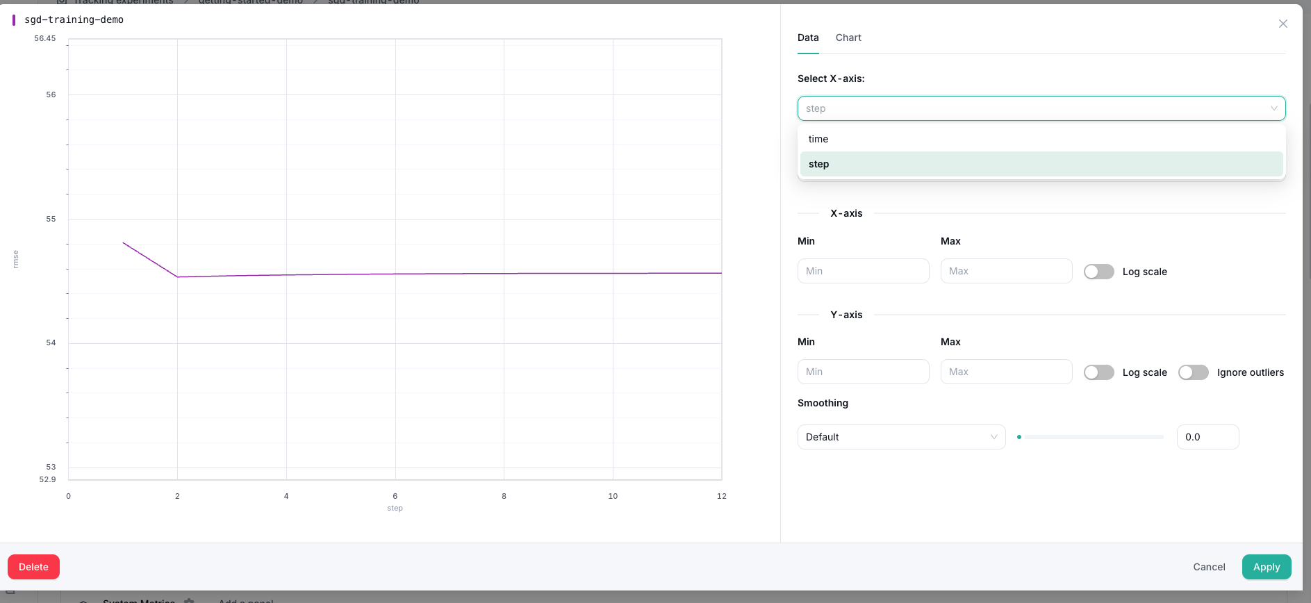 Metric chart settings showing X-axis selection between time and step