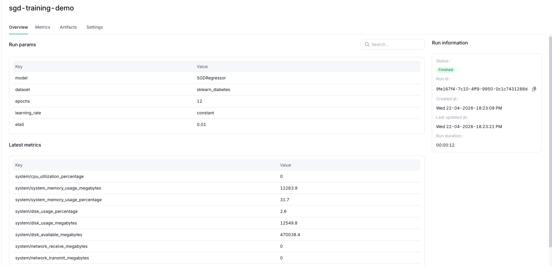 Run overview showing params, latest metrics, and run information
