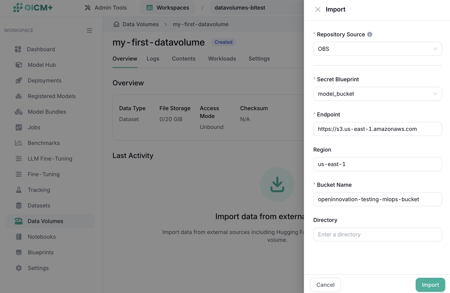 Datavolume Import OBS