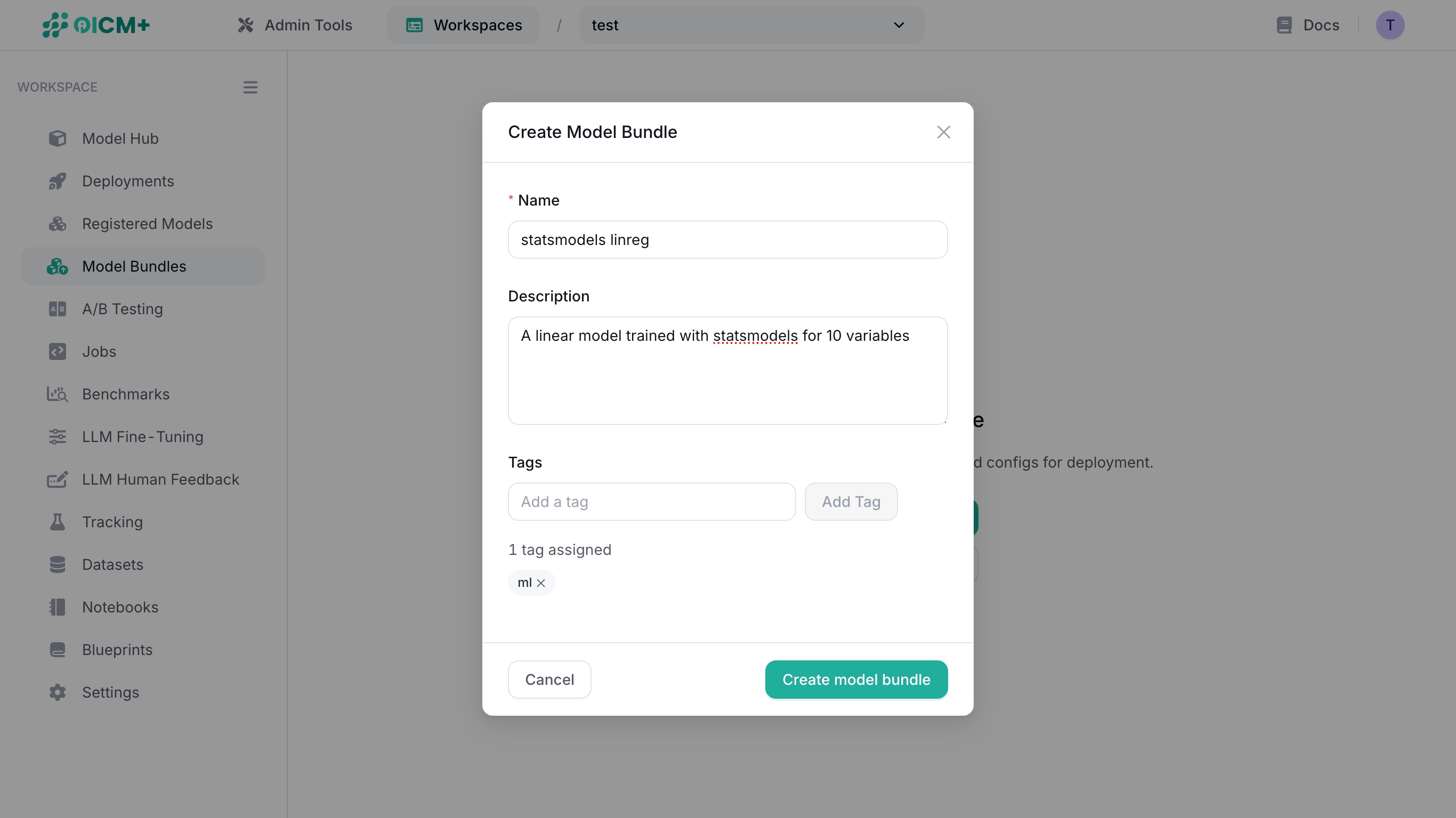 Model Bundles creation modal window