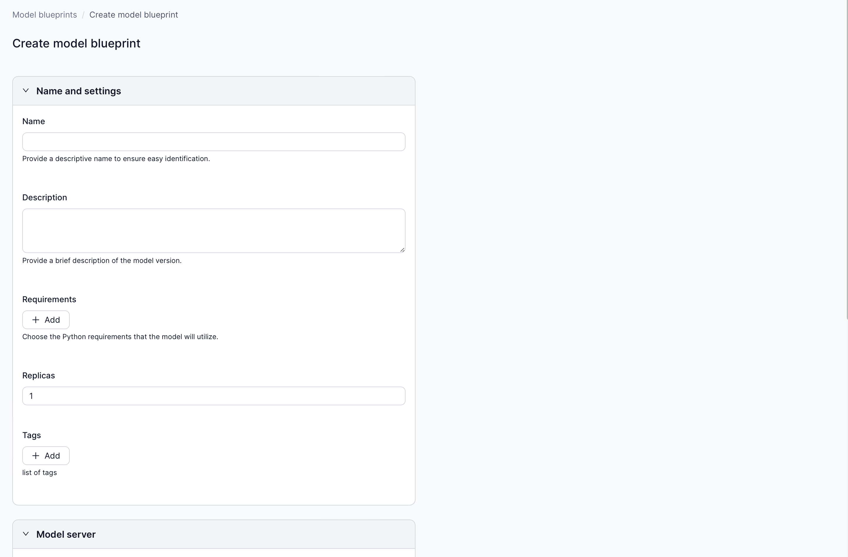 Create Model Blueprint Page