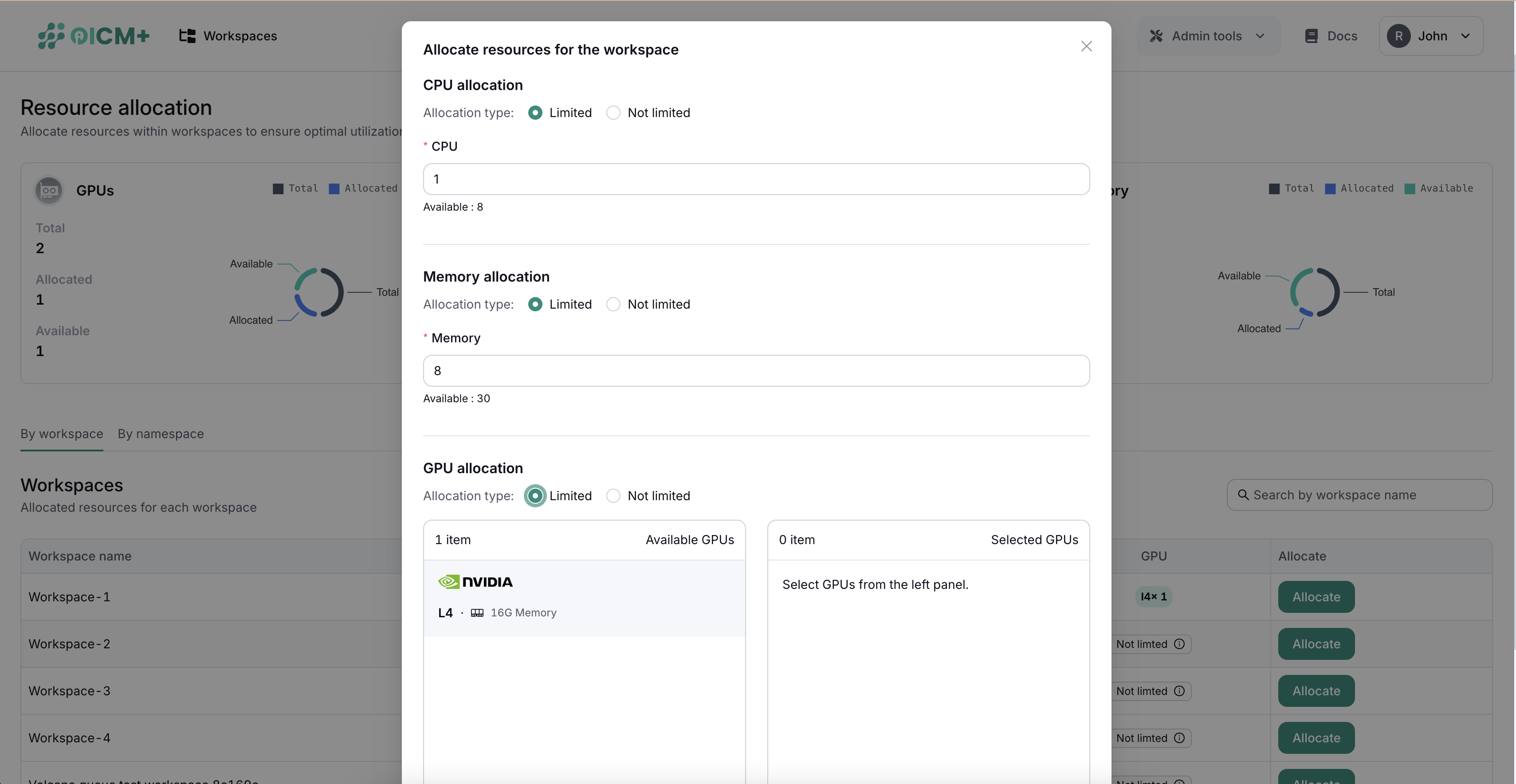 Workspace Allocation Popup
